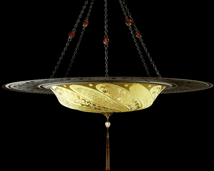 Lampada Fortuny Scudo Saraceno Serpentine in seta avorio giallo ocra con anello metallico